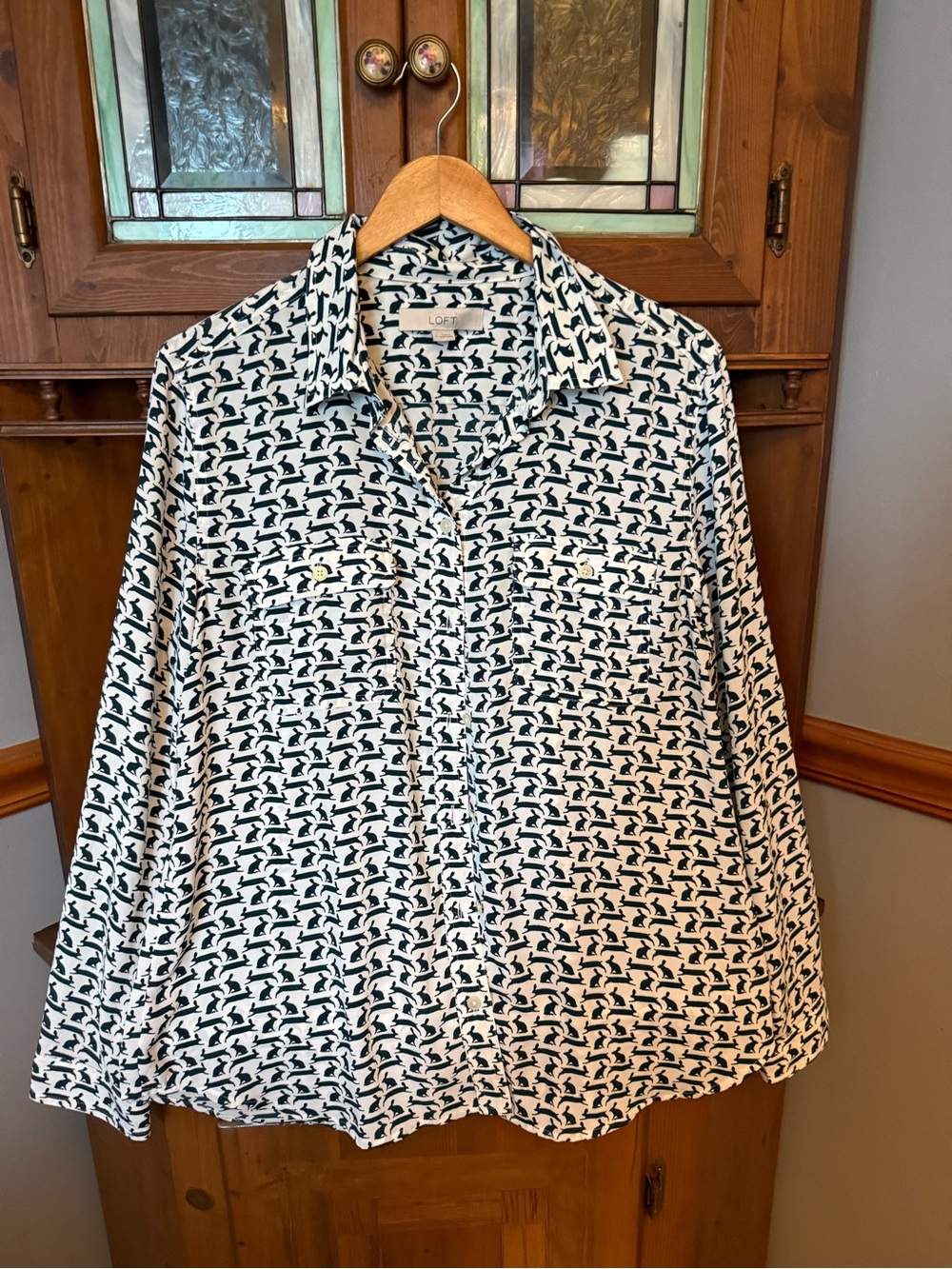 LOFT Rabbit Bunny Print Button-Up Utility casual, professional  Blouse L